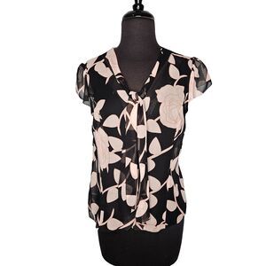 APOSTROPHE Silk Floral Blouse 10 Petite Button Up Secretary Bow Sheer Feminine